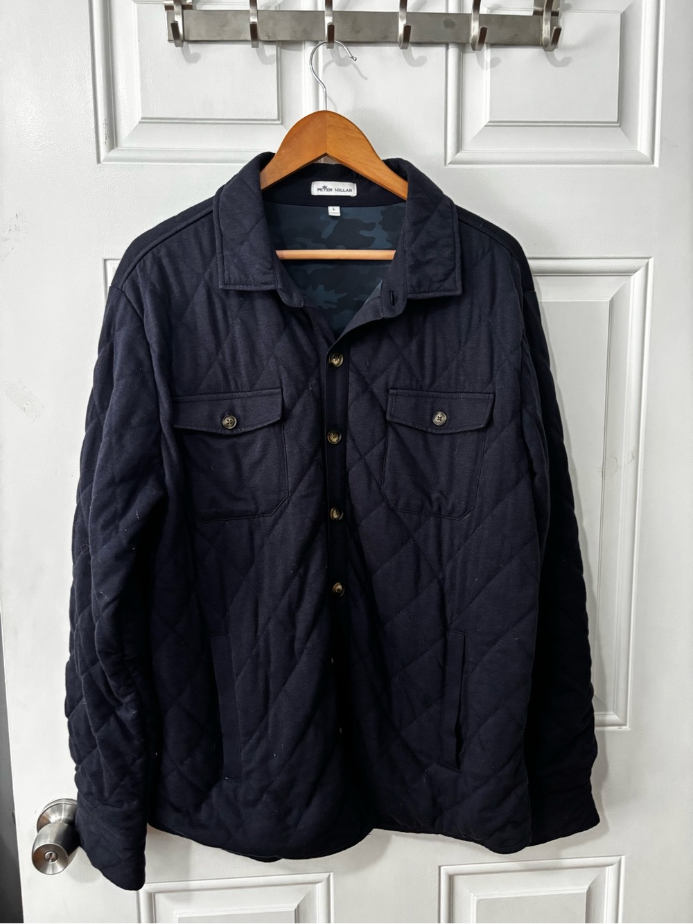 Peter Millar quilted shirt jacket Large navy cashmere Pima cotton quiet luxury